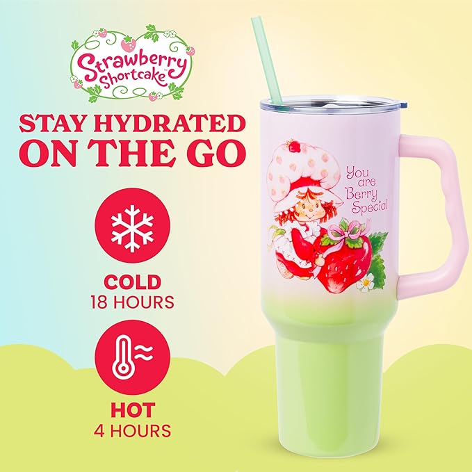 Silver Buffalo Strawberry Shortcake You Are Berry Special Vintage Pink and Green Ombre Stainless Steel Tumbler with Handle and Straw, Fits in Standard Cup Holder, 40 Ounces