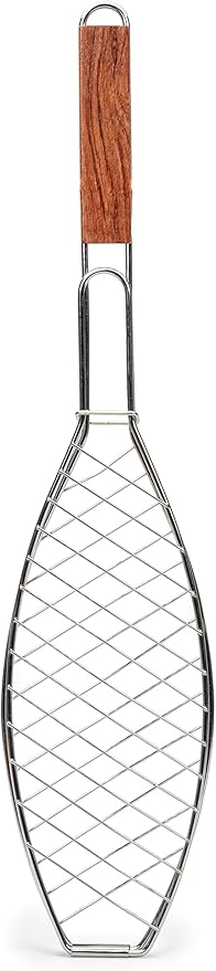 RSVP International Endurance® BBQ Basket, 6" x 14.75" | Fits 1 Whole Fish or Multiple Fillets | Made from Stainless Steel w/ Rosewood Handle | Holds Fish in Place for Perfect Roasting,Silver