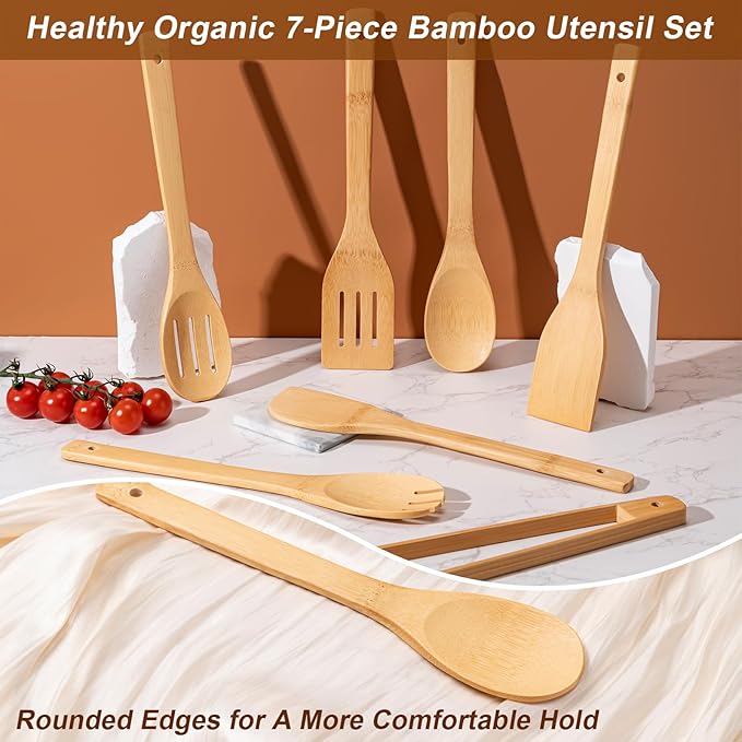 Wooden Spoons for Cooking 7-Piece, Kitchen Nonstick Bamboo Cooking Utensils Set, Durability Wooden Spatula Spoon for Everyday Use, Smooth Edge