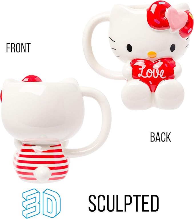 Silver Buffalo Sanrio Hello Kitty Holding Love Heart Ceramic 3D Sculpted Mug, 20 Ounces