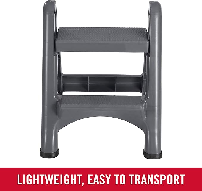 Rubbermaid Two-Step Folding Foot Stool 14-Inch High Gray 300-Pound Capacity Small Step Stool for Adults/Kids for Use in Library/Kitchen/Bathroom/Garage/Closet