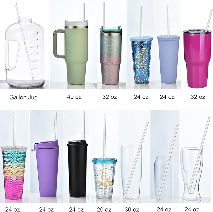 ALINK 12-Pack Reusable Plastic Clear Glitter Straws, 13 in Extra Long Straws for Stanley 40 oz Tumbler, 1 Gallon, 64/32 oz Water Bottles, Plus Brush