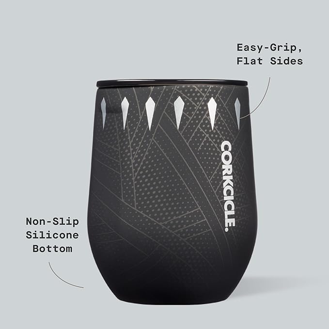 Corkcicle Stemless Insulated Wine Glass Tumbler - Keeps Beverages Cold 6 Hours & Hot 3 Hours - Stainless Steel - Easy-Grip - Summer Drinkware Gift - Keeps Drinks Ice Cold - 12 oz - Black Panther