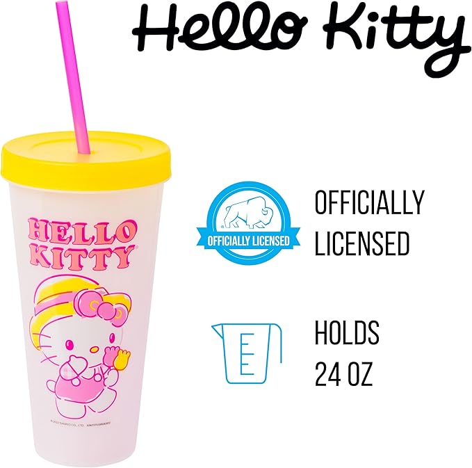 Silver Buffalo Sanrio Hello Kitty Summertime Gardening 4-Pack Color Changing Plastic Tumblers Includes Lid and Straw, 24 Ounces