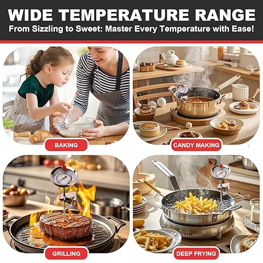 Candy Thermometer Waterproof IP67 - Oil Thermometer for Frying with Clips - 9" Side of Pot Thermometer Deep Fry for Oil Candy Candle BBQ - Silver