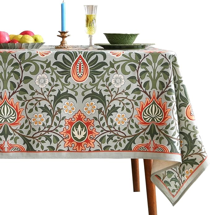 ISAENNE Designer Bohemian Linen Green Table Cloth for Rectangle Table,Floral Indoor Tablecloth,Stain Resistant Decor Tablecloths for Dining Thanksgiving Kitchen Party Christmas,55"*79"-Naples