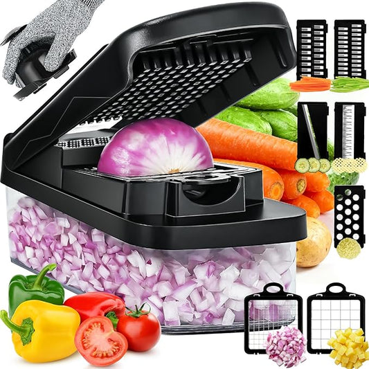 Vegetable Chopper Slicer Food Chopper with Container Veggie Dicer Cutter Salad Chopper Mandoline Slicer Cheese Grater Includes Hand Guards and Gloves & Kitchen Gadgets