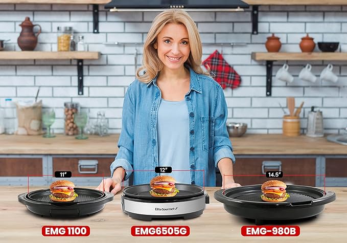 Elite Gourmet EMG6505G 12" Smokeless Indoor Electric BBQ Grill with Glass Lid Dishwasher Safe, Nonstick, Adjustable Temperature, Fast Heat Up, Low-Fat Meals Easy to Clean Design
