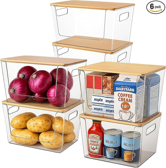 6 Pack Clear Stackable Storage Bins with Bamboo Lids, Trash Bag Holder Dispenser Under Sink Organizer for 4-13 Gal Bags, Plastic Storage Containers for Pantry Bathroom Kitchen Organization