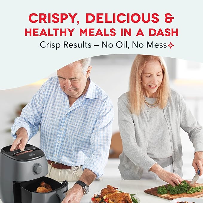 DASH Tasti-Crisp™ Electric Air Fryer Oven, 2.6 Qt., Grey – Compact Air Fryer for Healthier Food in Minutes, Ideal for Small Spaces - Auto Shut Off, Analog, 1000-Watt