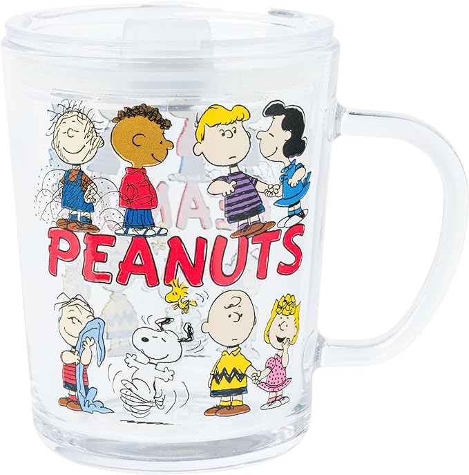 Silver Buffalo Peanuts Featuring Charlie Brown, Snoopy, Woodstock, Sally, Lucy, Linus, Schroeder, Franklin, and Pig-Pen Travel Glass Mug With Slide Close Lid and Handle, 14 Ounces