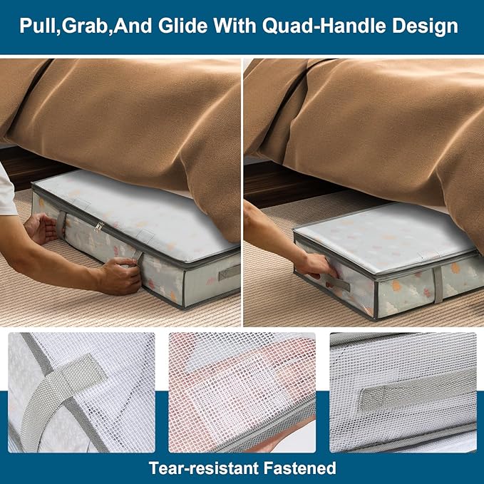 LANDNEOO 2 Pack Under Bed Storage Containers Bins, Humid-Proof Plastic Underbed Storage Bins, Clothes Storage and Organization Bags, Under the Bed Blanket Storage with Handles for Clothes, 35L