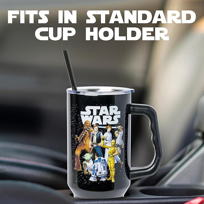 Silver Buffalo Star Wars Featuring Chewbacca, Yoda, R2-D2, C-3PO, Princess Leia, Han Solo, and Luke Skywalker Stainless Steel Tumbler with Handle and Straw, Fits in Standard Cup Holder, 40 Ounces