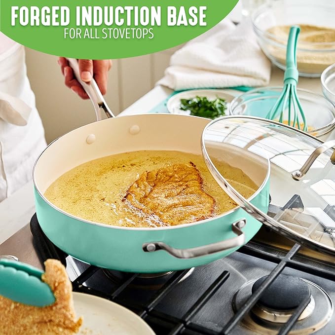 GreenLife Artisan Healthy Ceramic Nonstick, 5QT Saute Pan Jumbo Cooker with Helper Handle and Lid, Stainless Steel Handle, Induction, PFAS-Free, Dishwasher Safe, Oven Safe, Turquoise