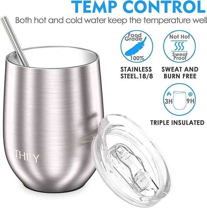 THILY Metal Stemless Insulated Wine Glass T1 Triple-insulated Stainless Steel Wine Tumbler with Lid and Straw, Reusable, Keep Cold & Hot for Wine, Coffee, Drinks, Champagne, Beverage, Silver