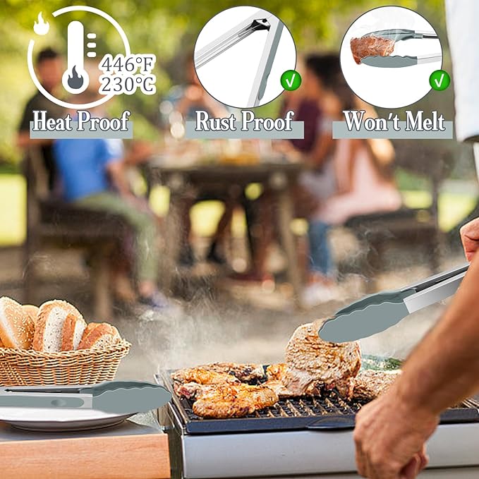 TeamFar Kitchen Tongs, 9" and 12" Stainless Steel Cooking Tongs with Silicone Tips for Cooking Grilling Serving & BBQ, Heat Resistant Silicone Tongs, Locking Design & Dishwasher Safe, Set of 2 & Grey