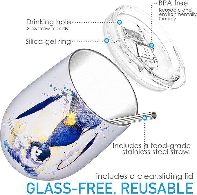 THILY Wine Tumbler Stainless Steel Insulated Stemless Wine Glass with Lid and Straw, Cute Cup Keep Cold for Coffee, Cocktails, Special Collection, Penguin