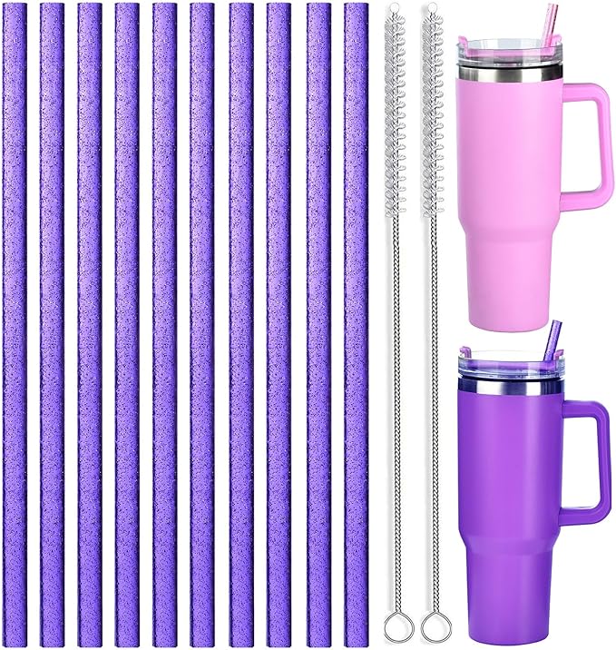 ALINK 10 Pack Purple Replacement Straws for Stanley 40 oz 30 oz Tumbler, 12 in Long Reusable Plastic Glitter Straws for Stanley Cup Accessories, Half Gallon Jug, Plus 2 Cleaning Brush