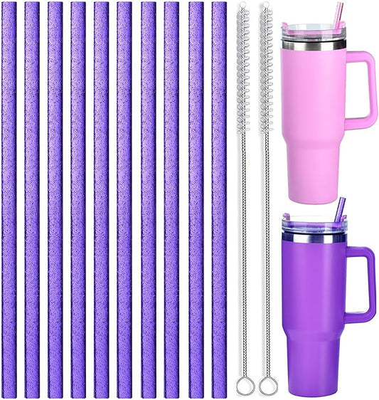ALINK 10 Pack Purple Replacement Straws for Stanley 40 oz 30 oz Tumbler, 12 in Long Reusable Plastic Glitter Straws for Stanley Cup Accessories, Half Gallon Jug, Plus 2 Cleaning Brush