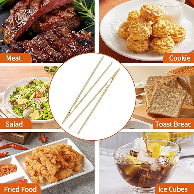 4 Pieces Natural Bamboo Toast Tongs, bamboo,10.2 Inches Long Tongs with Anti-slip Design,for cooking, toaster.