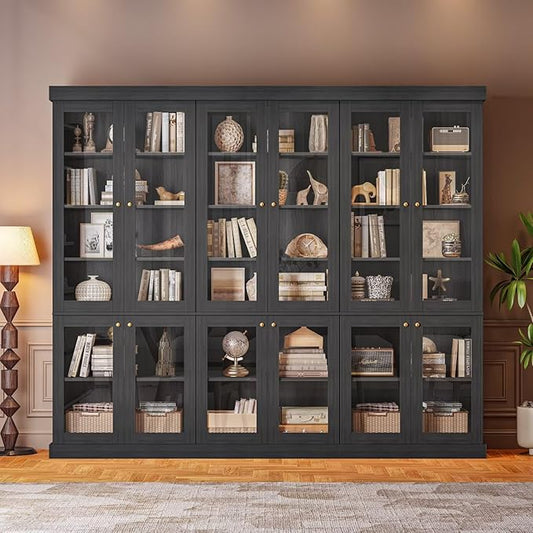 70.8" Bookshelf with Glass Doors, Farmhouse Modular Bookcase with 6-Tier Adjustable Shelves, Large Storage Cabinet for Living Room & Home Office, Set of 3, Black