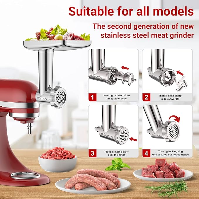 Stainless Steel Meat Grinder Attachment for KitchenAid Stand Mixer, Food Grinder attachment with 4 Grinding Plates, 3 Sausage Stuffer Tubes, 2 Grinding Blades, Mixers Accessories for Kitchen Aid