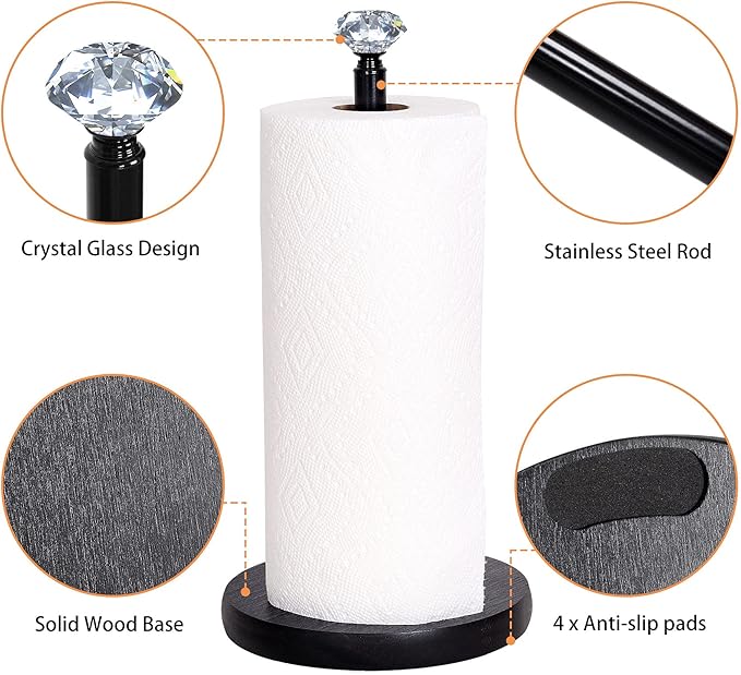 Paper Towel Holder Countertop, OBODING, Crystal Paper Towel Stand Holder, Black Solid Wood Weighted Paper Towel Holders for Standard and Large Size Rolls (Black)