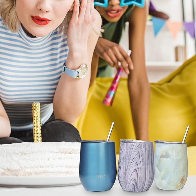 THILY Stemless Wine Tumbler Vacuum Insulated 12 oz Triple-Insulated Stainless Steel Wine Glass with Lid, Straw, Keep Cold for Coffee, Cocktails, Opal Marble