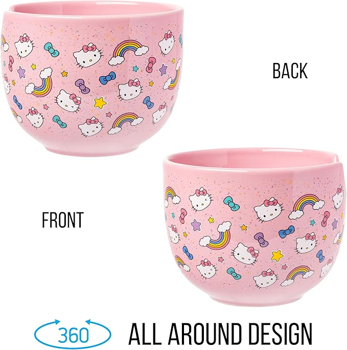 Silver Buffalo Sanrio Hello Kitty Bows Stars Rainbow Pattern Ceramic Ramen Noodle Rice Bowl with Chopsticks, Microwave Safe, 20 Ounces