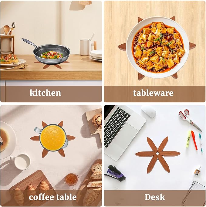 Tree Shape Wooden Trivets for Hot Dishes，4 Wooden Trivets + 1 Stand stored Like a Christmas Tree，for Easy Storage，Multifunctional Ornaments (Beech)