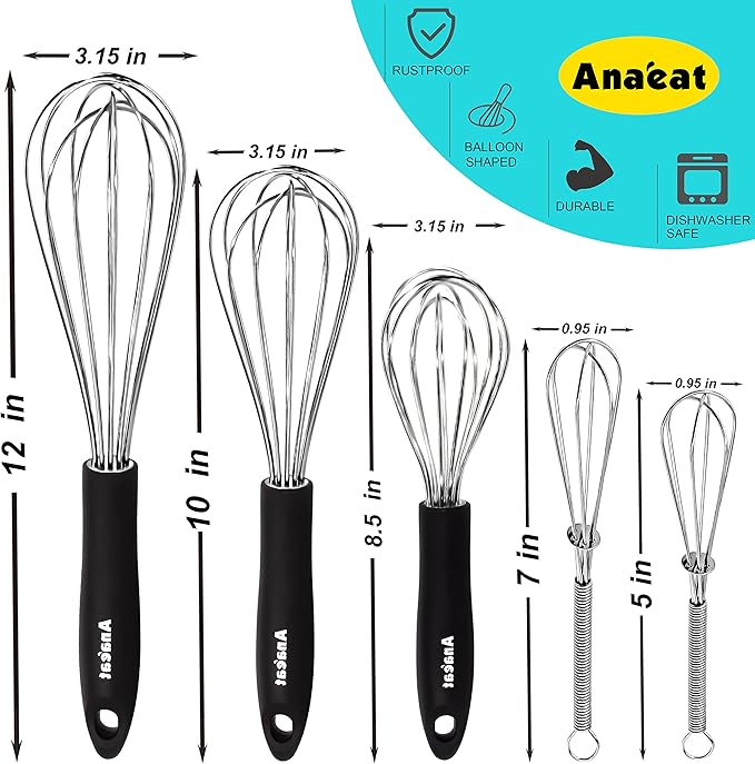 Anaeat Stainless Steel Kitchen Whisk Set of 5, Milk and Egg Beater Blender with Thick Wire for Whisking, Cooking, Baking, Beating and Stirring - 5"+7" Mini Whisk and 8.5''+10.5''+12'' Balloon Whisks