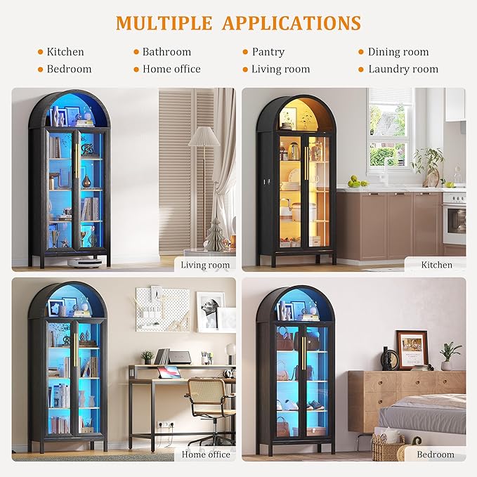 Arched Kitchen Pantry Cabinet with Glass Doors, Display Curio Case with 3 Color LED Lights for Collectibles, Modern 5-Tier Storage Hutch Cabinet for Kitchen, Dining Room, Black