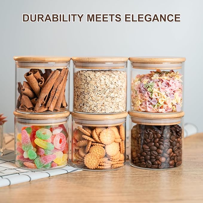 Liuruiyu Glass Food Storage Jars 6-Pack - 4x4 in-Clear Glass Food Canisters with Bamboo Lid Airtight For Serving Tea, Coffee, Flour, Sugar, Candy, Cookie, Spice and More (Circular)
