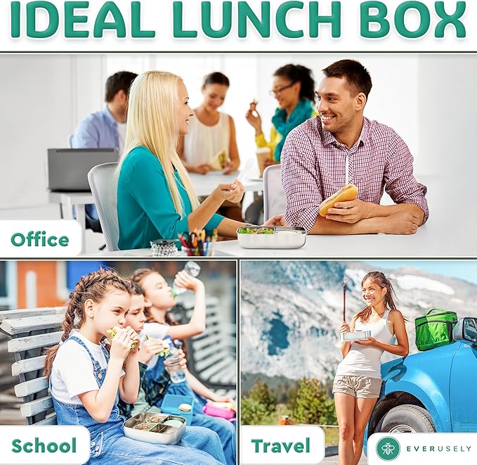 Everusely - Bento Box - Green, 47oz / 1.4 L - Stainless Steel Lunch Box with Leakproof Condiment Container - 3 Compartment Snack Organizer for On the Go Meals - Freezer & Dishwasher Safe