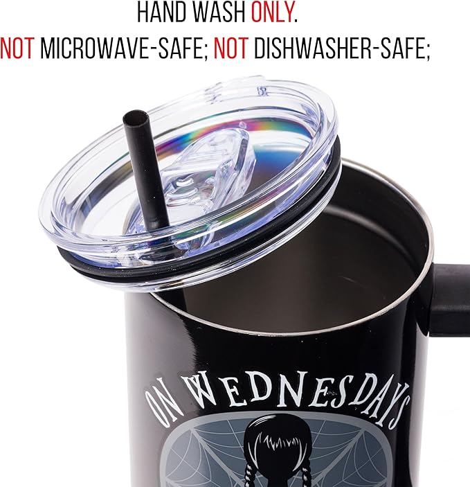 Silver Buffalo The Addams Family Wednesday On Wednesdays We Wear Black Stainless Steel Tumbler with Handle and Straw, Fits in Standard Cup Holder, 40 Ounces