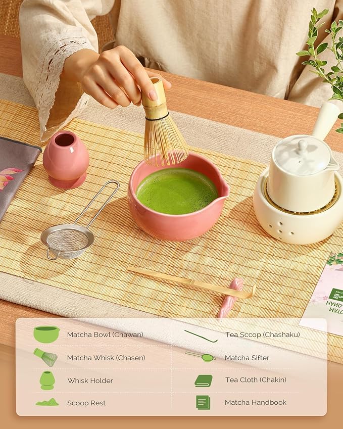 Maestri House Matcha Whisk Set, 7 Pcs Complete Matcha Kit with Spouted Ceramic Bowl, Bamboo Whisk & Holder, Scoop & Sifter, Tea Cloth – Ideal Gift for Matcha Lovers(Pink)