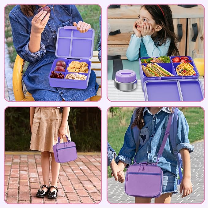 Kids Bento Lunch Box with Thermos, Leakproof Toddler Bento Box with 9 OZ Insulated Food Jar, Lunch Bag & Utensils 3 or 4 Compartment Container for School Girls Boys