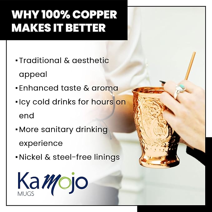Copper Cups Set of 2 with Unique Handcrafted Embossed Design with Anti-Tarnish Food-Grade Coating - Moscow Mule Copper Mugs Gift Set with 2 Straws & Recipe E-Book, 16 oz