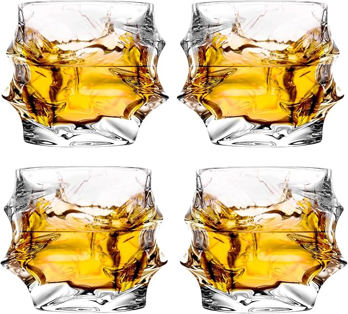 GLASKEY 12 oz Hand Blown Crystal Whiskey Glasses Set of 4, Unique Cognac Glass, Heavy Thick Bottom Bar Glass for Scotch Bourbon Rum Gin Water Cocktail,Gifts Men Gifts Ideas