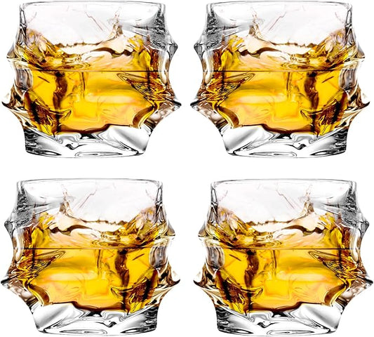 GLASKEY 12 oz Hand Blown Crystal Whiskey Glasses Set of 4, Unique Cognac Glass, Heavy Thick Bottom Bar Glass for Scotch Bourbon Rum Gin Water Cocktail,Gifts Men Gifts Ideas