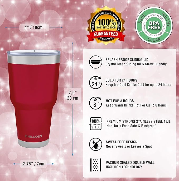 Stainless Steel Travel Mug with Handle 30 oz - 6 Piece Set. Tumbler with Handle, Straw, Cleaning Brush & 2 Lids. Double Wall Insulated Large Coffee Mug Bundle - Cherry Red Powder Coat Tumbler