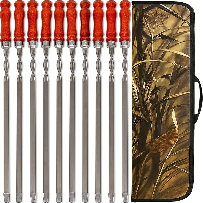 Premium BBQ Skewers with Wooden Handles 23.6" Shish Kabob Skewers Stainless Steel Long & Reusable Kabob Sticks Barbecue Skewers for Grilling Set of 10 Piece (10, 23.6 Inches)