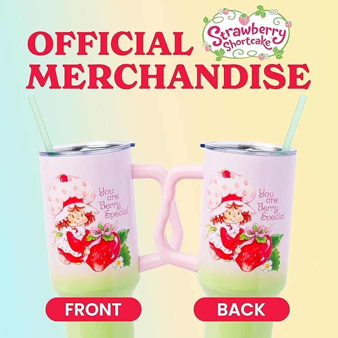 Silver Buffalo Strawberry Shortcake You Are Berry Special Vintage Pink and Green Ombre Stainless Steel Tumbler with Handle and Straw, Fits in Standard Cup Holder, 40 Ounces
