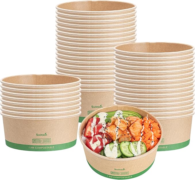 Restaurantware Compostable Paper Food Containers 200 Pack Of 37 oz BPI-Certified Round Kraft Salad Bowls Disposable Grease-Resistant Meal Prep Take Out Containers For Ice Creams, Soups, Snacks