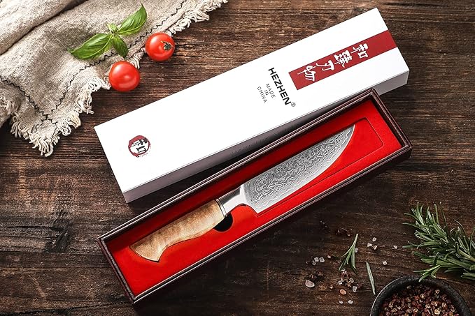 HEZHEN 6PCS Kitchen Knife Set Professional Forged Damascus High Carbon Steel Steak Knife Figured Sycamore Wood Handle-Porcelain Gift Package