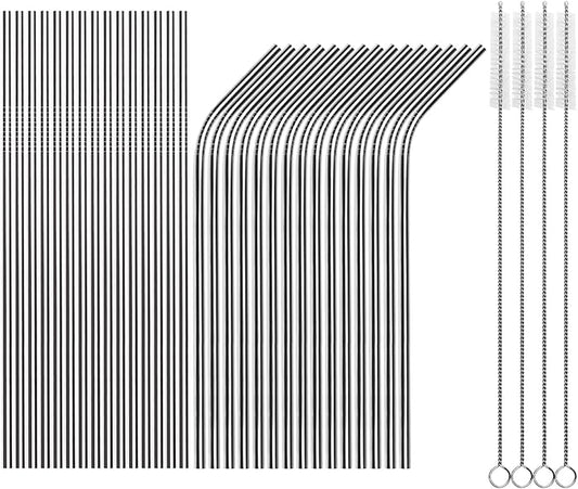 Tomorotec Reusable Straws 30 Pack, Stainless Steel Drinking Straws, Metal Straw Bulks for Smoothies Tumblers Cocktail MilkShake,Set of 15 Straight and 15 Bent with 2 Cleaning Brushes, Silver