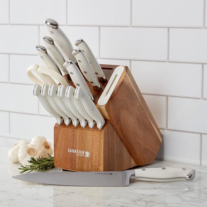 Sabatier 15-Piece Forged Triple Rivet Knife Block Set with Built-in Sharpener, High-Carbon Stainless Steel Kitchen Knives, Razor-Sharp Knife set with Acacia Block and Edgekeeper Technology, White