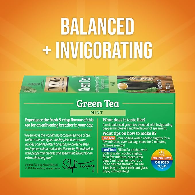 Twinings Green Tea with Mint Individually Wrapped Bags, 20 Count (Pack of 6), Invigorating Aroma, Caffeinated, Enjoy Hot or Iced, 120 Teabags