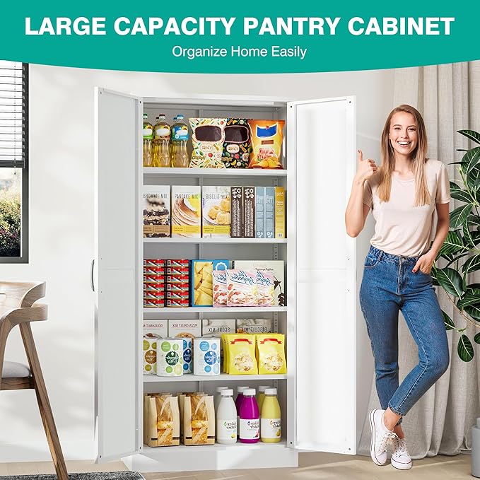 SISESOL 61" Tall Pantry Cabinet,Farmhouse Kitchen Pantry Storage Cabinets with 2 Doors and 5 Shelves,White Metal Storage Cabinet,Large Cupboard for Home,Kitchen,Dining/Living Room