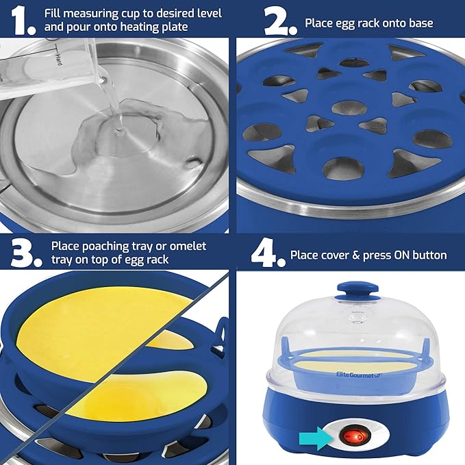 Elite Gourmet EGC007CBL# Rapid Egg Cooker, 7 Easy-To-Peel, Hard, Medium, Soft Boiled Eggs, Poacher, Omelet Maker, Auto Shut-Off, Alarm, 16-Recipe Booklet, BPA-Free, Cobalt